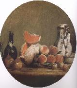 Cut melon and peach bottle still life etc